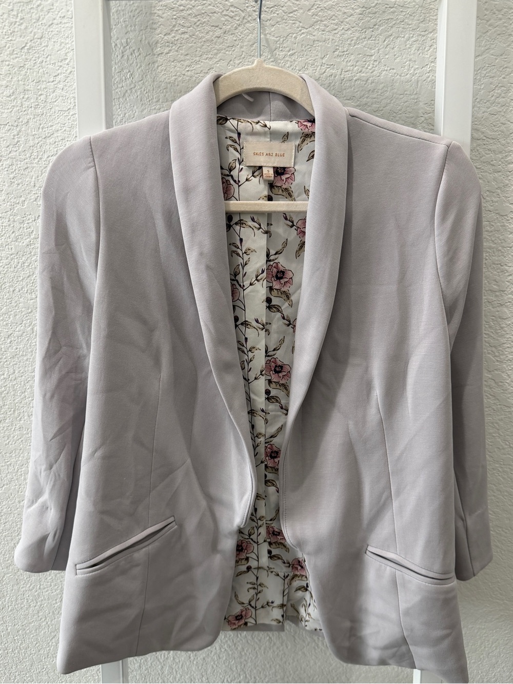Skies Are Blue Light Gray Open Front Blazer Small Floral Lining